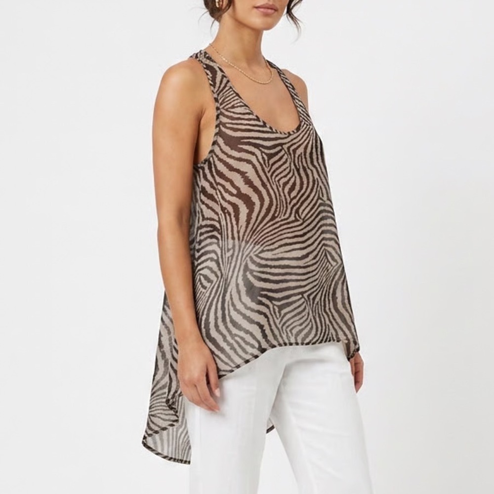 IT'S ME Zebra Print Sheer Racerback Tank Top Draped Open Back Tan Black OS